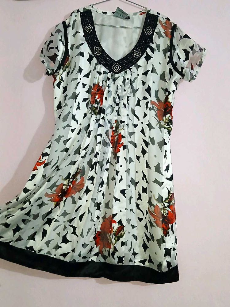 &#34;Elegant Floral Printed Tunic Dress with Beaded &#34;