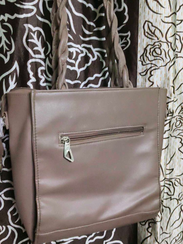 Brown Braided Handle Tote Bag