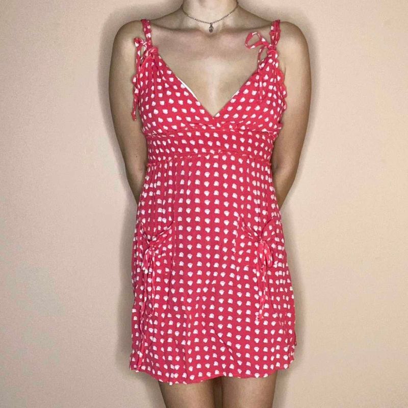 Pink Heart Print Tie-Strap Mini Dress