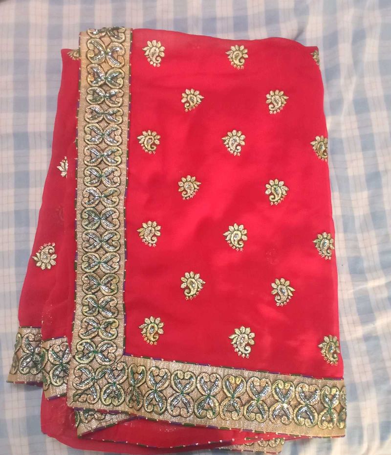 Red Embroidered Saree with 2 matching blouses