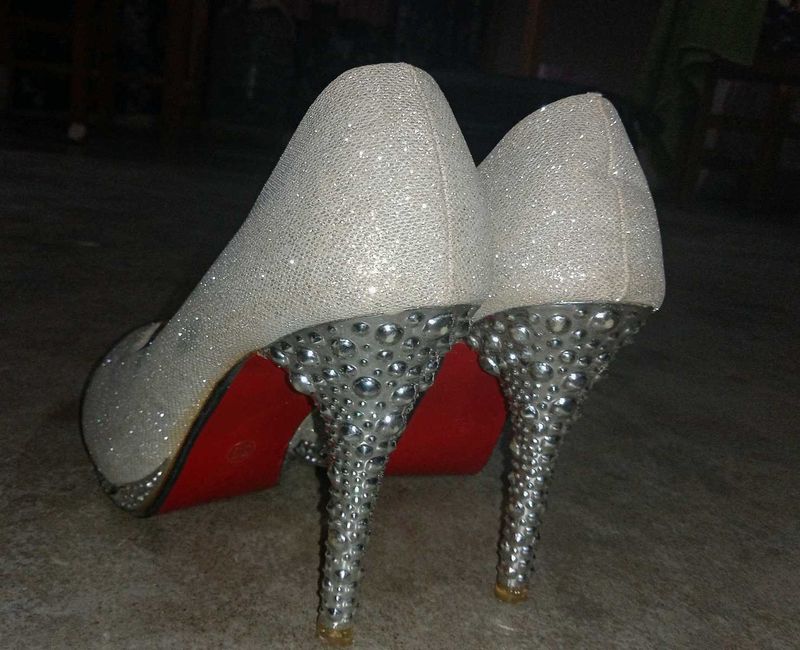 Sparkly Silver Heels Red Bottom