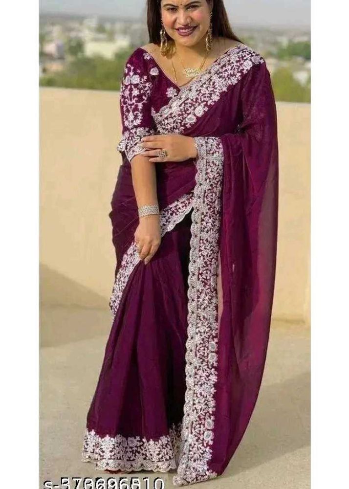 💥Elegant Purple Embroidered Saree