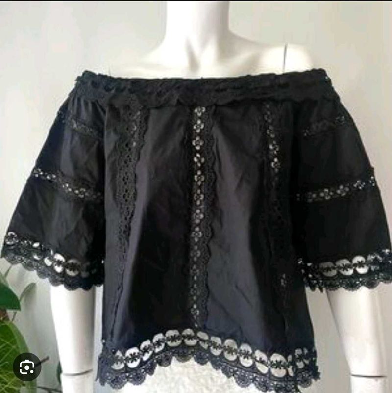 Black Lace Trim Off-Shoulder Top