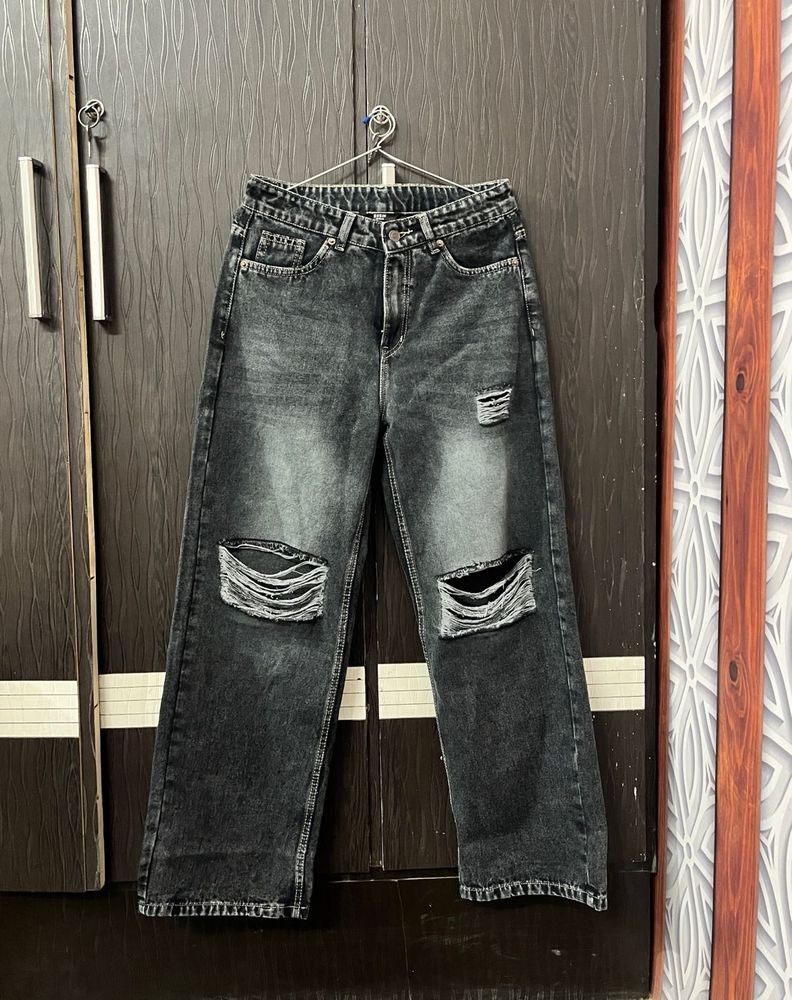 Charcoal Ripped Wide Leg Jeans