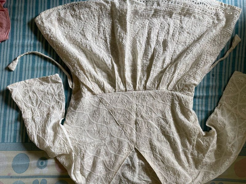 Off White Chikankari Frill Top