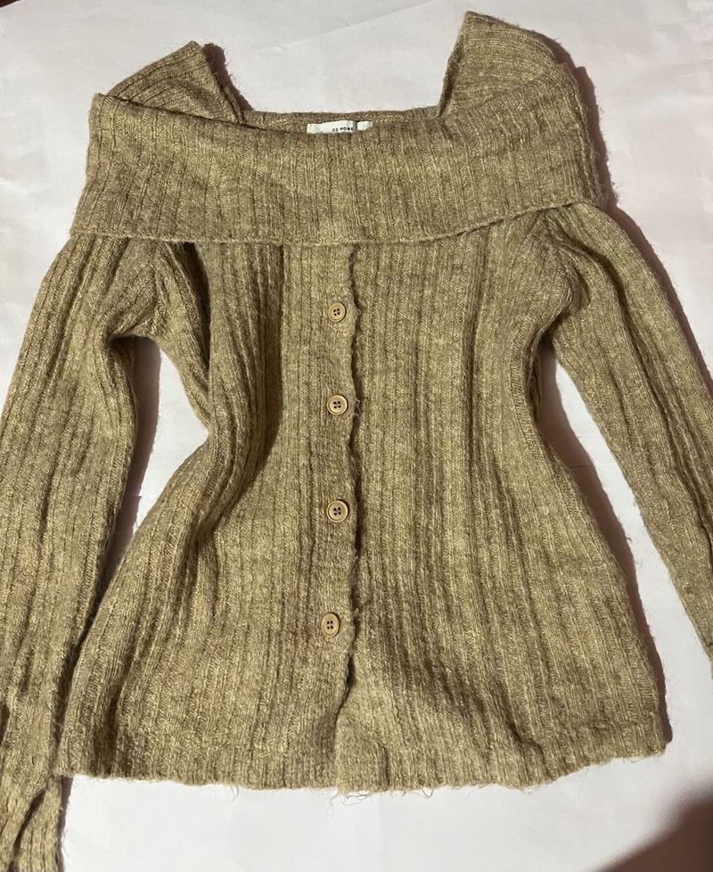 Beige Ribbed Knit Off shoulder