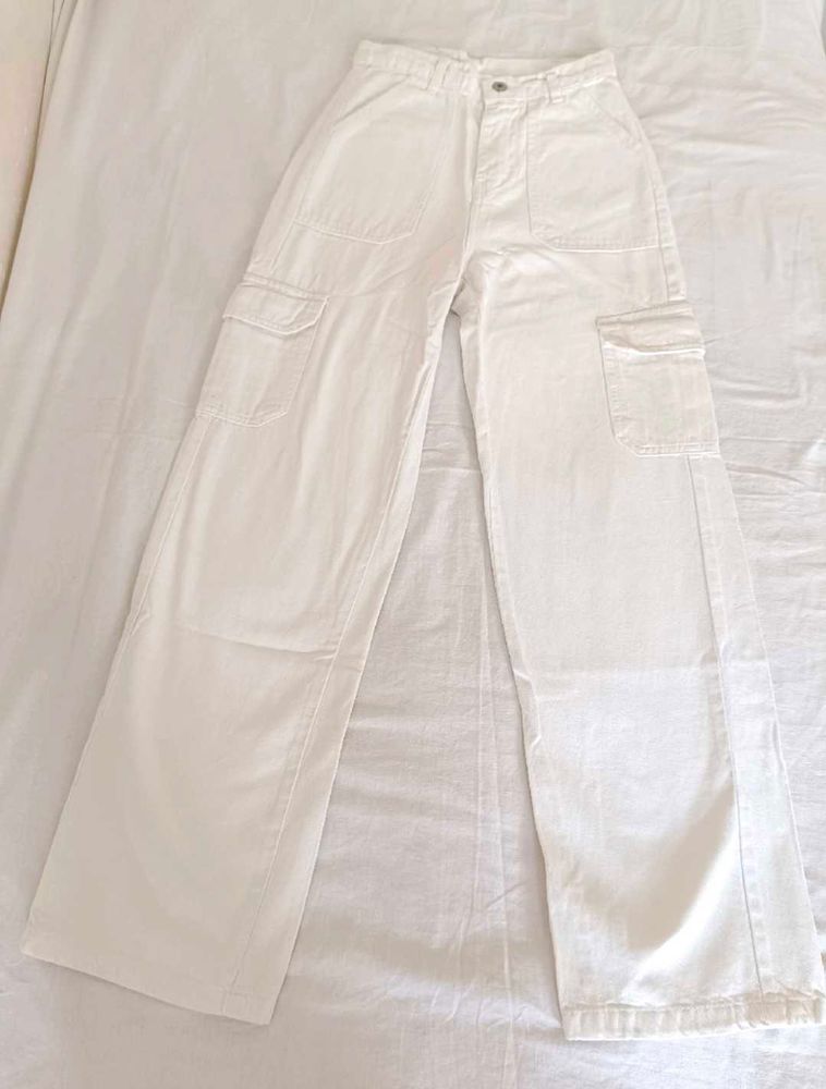 White Wide Leg Cargo Pants
