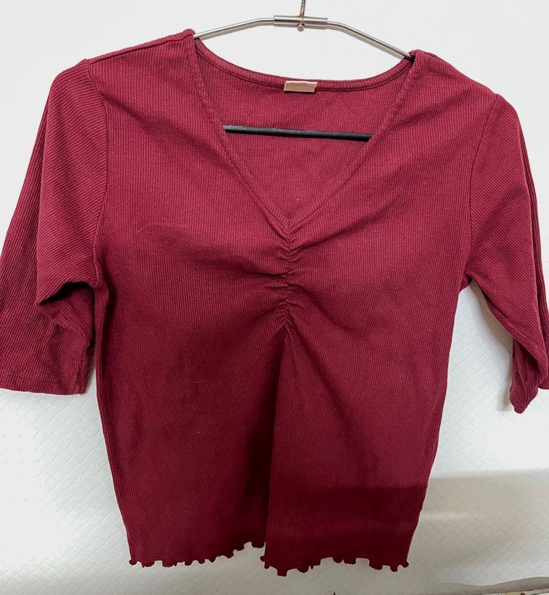Burgundy Ribbed V-Neck Top