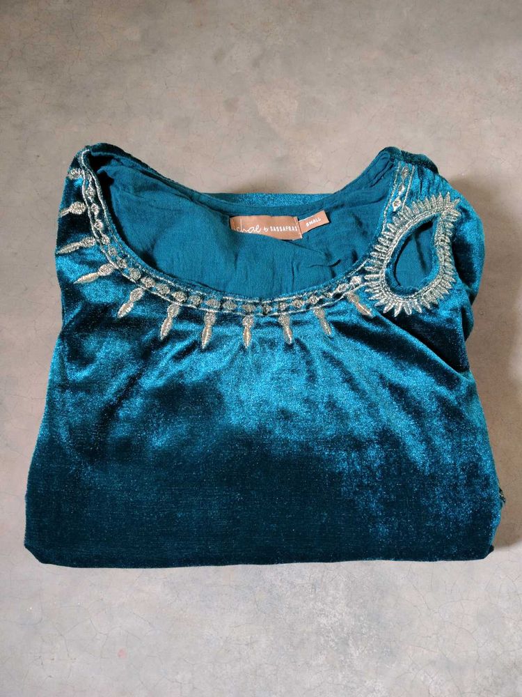 Women Velvet Kurti With Bell Sleeves