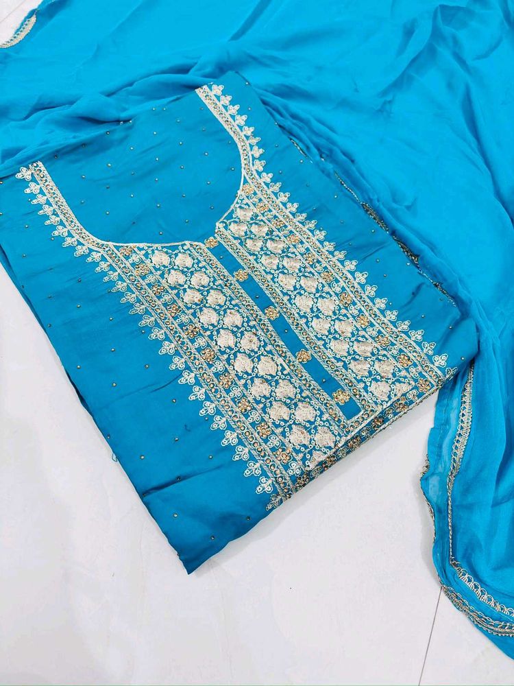 Teal Embroidered handwork dress material