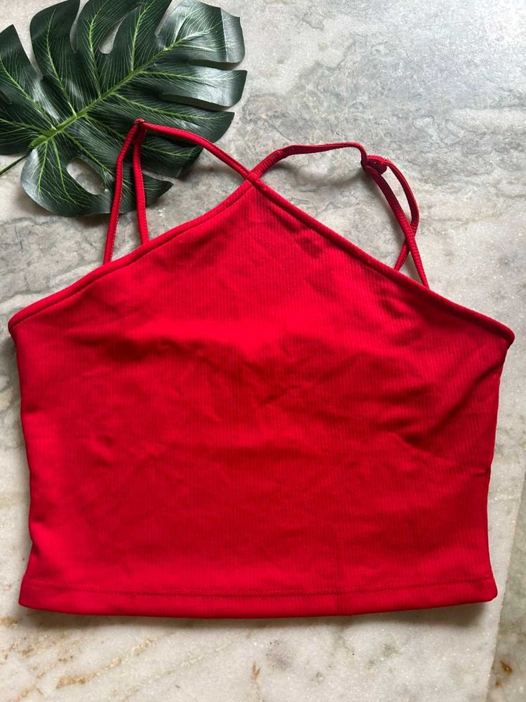 Red Ribbed Halter Top