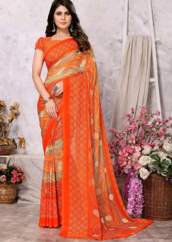 Printed Daily Wear Orange Saree