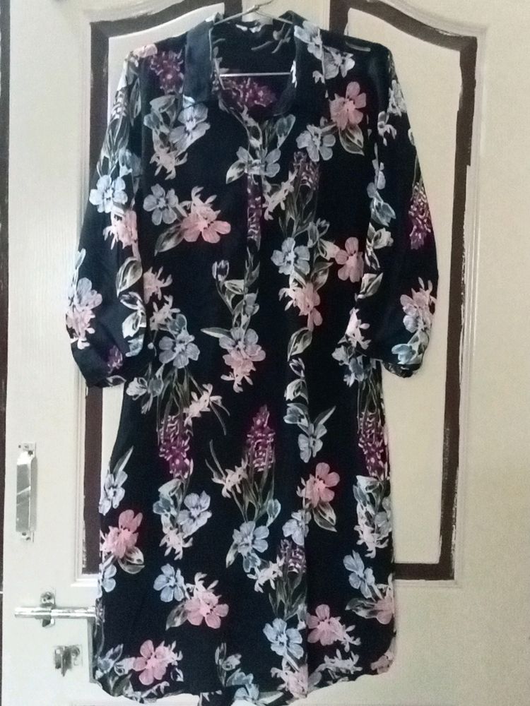 Navy Blue Flower Printed Dress