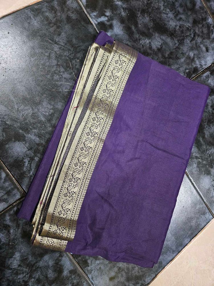 Purple Polyester Saree with Silver Border