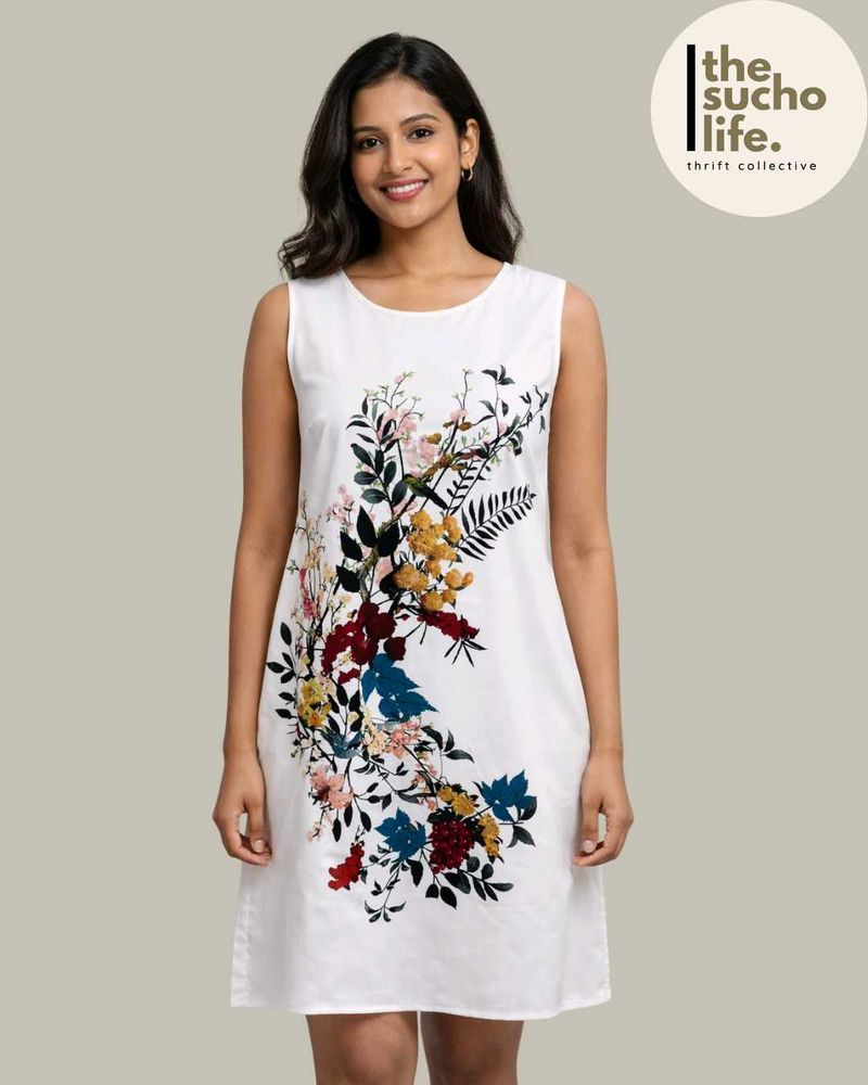 Floral Print Sleeveless Full White Dress | Women