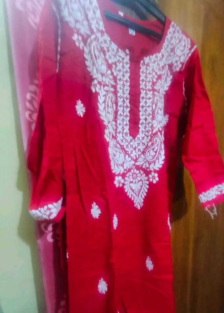 Red Cotton Chikan Kurti