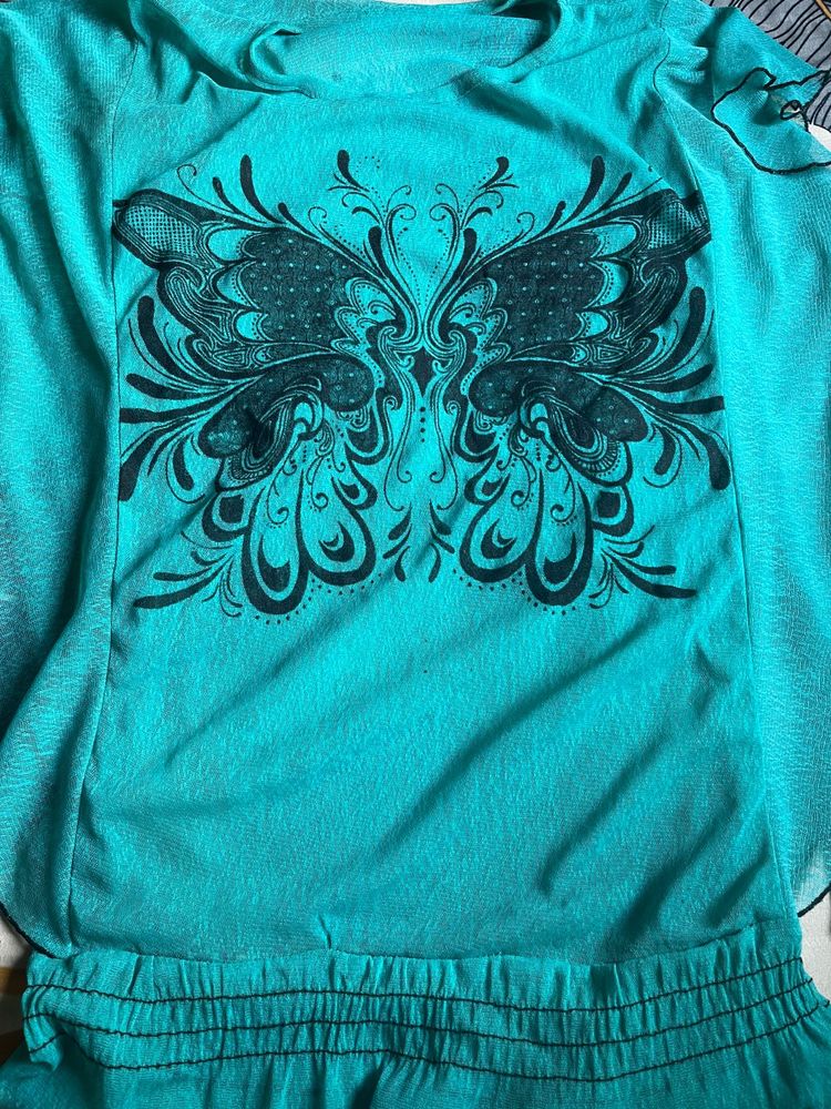 Teal Butterfly Print Top