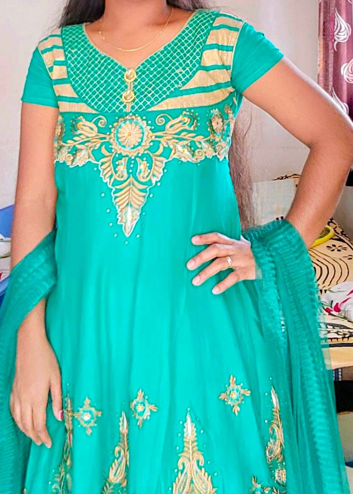 Teal &amp; Gold Embroidered Anarkali
