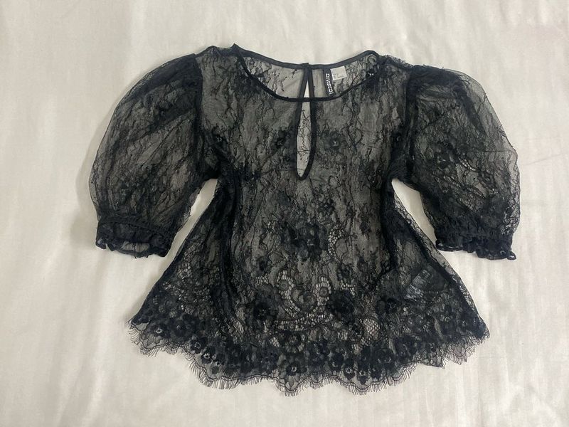 H&amp;M Black Lace Puff Sleeve Top bust 36