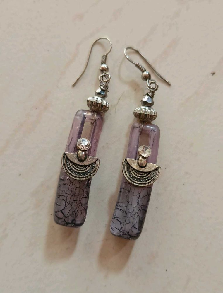Purple Glass &amp; Silver Dangle Earrings