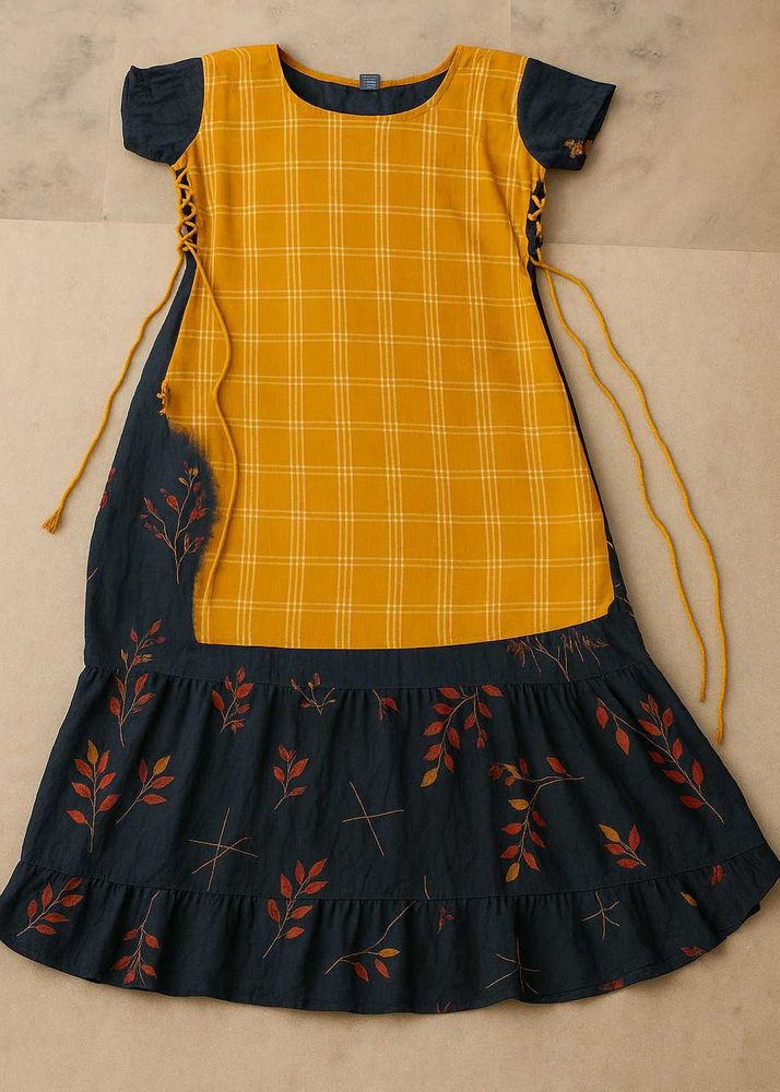 Plaid &amp; Floral Dress with Lace-Up Detail