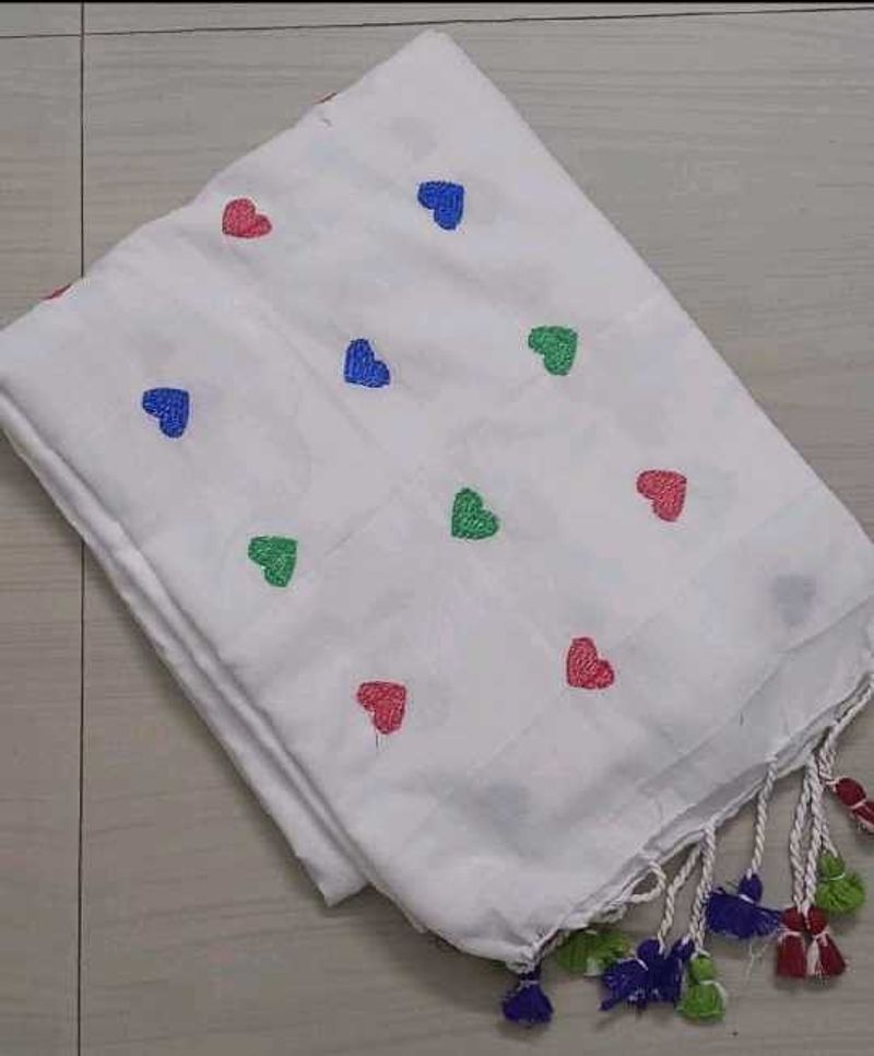 Colourful Love Design White Embroidery Saree