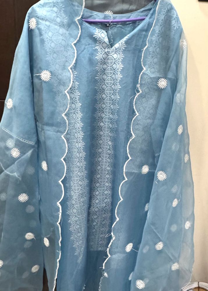 Elegant Blue Embroidered suit set organza dupatta