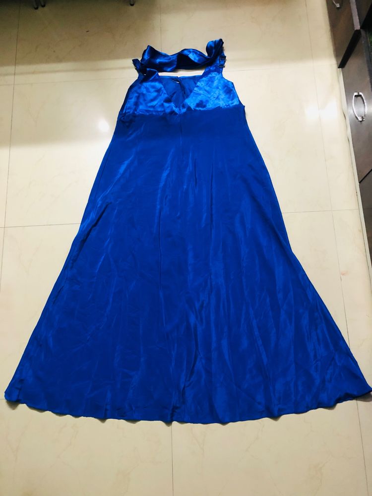 Satin halter Fish Cut Blue one Piece Dress