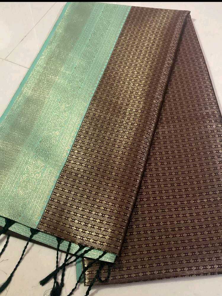 New Brown And Ice Green Semi Kanchi Silk Saree