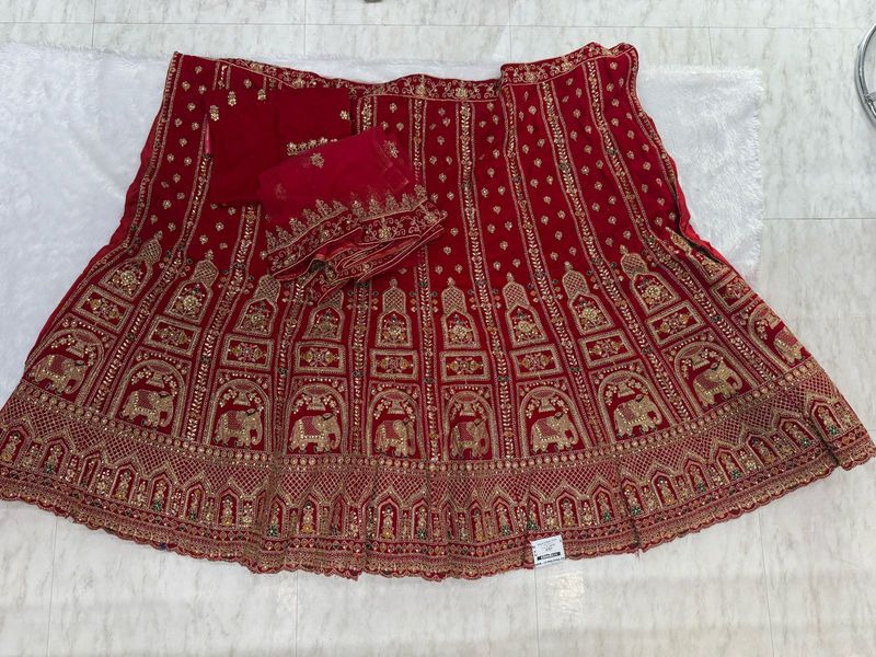 Red &amp; Gold Embroidered Lehenga Fabric