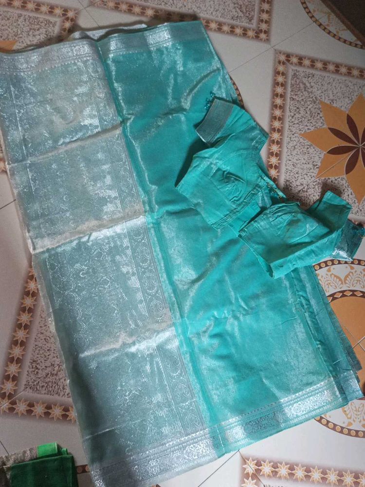 Teal Saree with ready made blouse