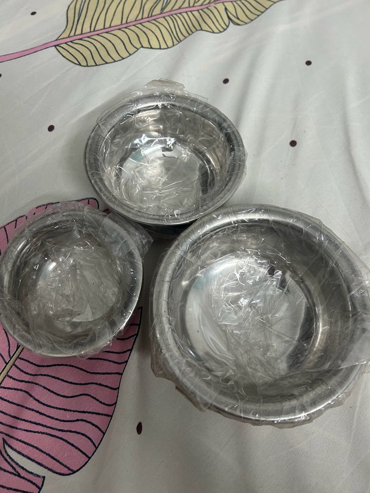 Combo Of 3 Band New Steal Bowls With Copper Bottom