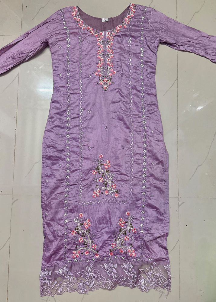 Lavender Embroidered Kurti Set