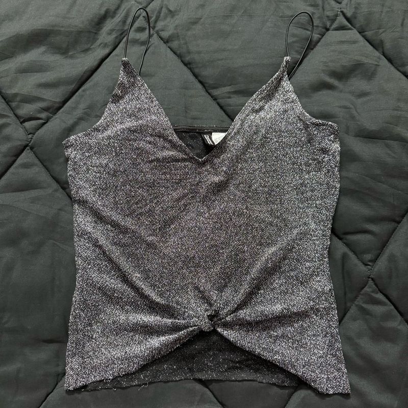 H&amp;M Silver Metallic Spaghetti Strap Crop T