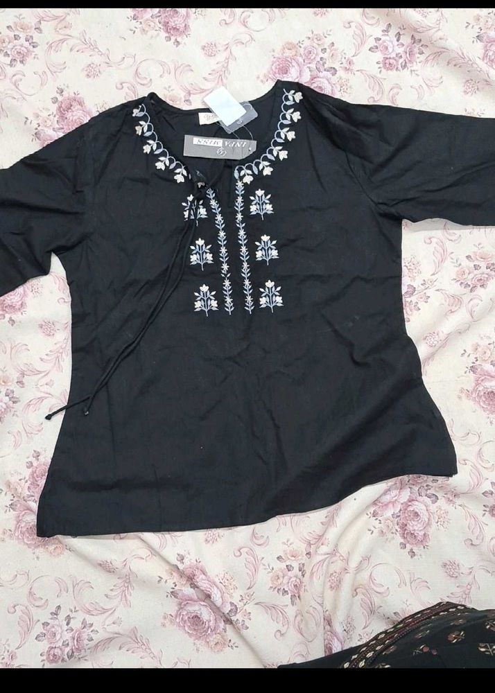 Branded Black Embroidery Cotton Top
