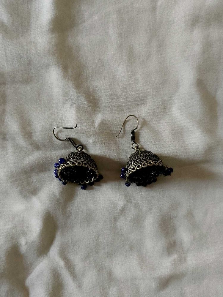 Jhumka Earrings - Silver &amp; Blue