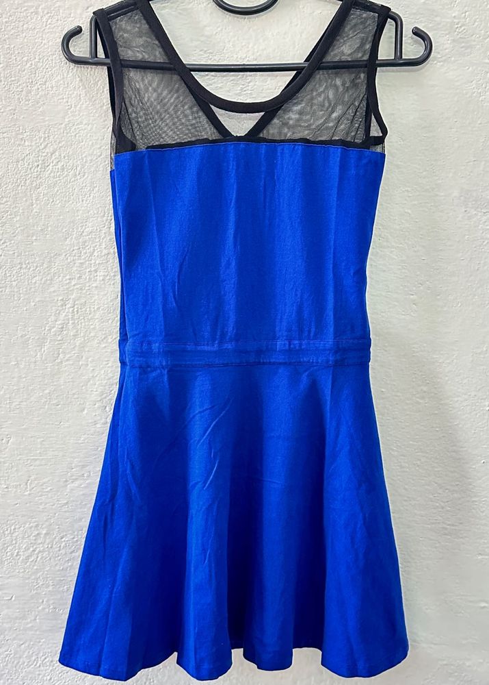 Elegant Blue Fit &amp; Flare Dress with Sheer Mesh