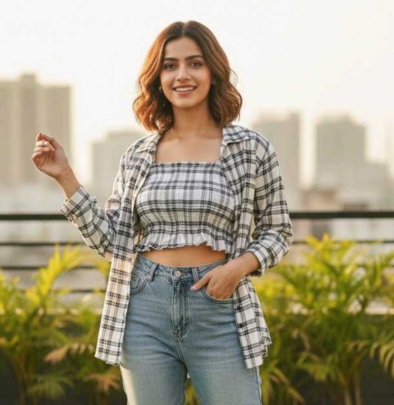 Trendy Plaid Crop Top &amp; Shirt Set