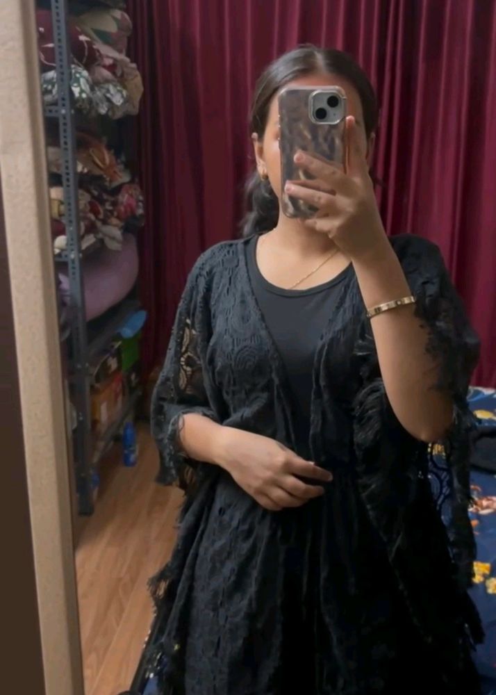 Black Fringe Kimono-style Shrug