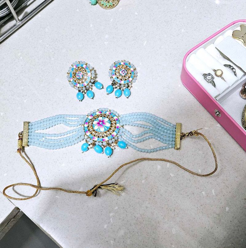 Turquoise Beaded Choker &amp; Earring Set