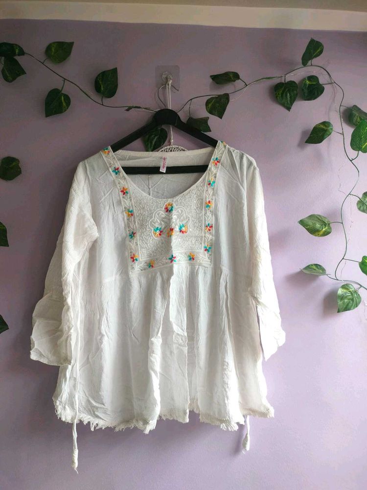 White Embroidered Bohemian Top