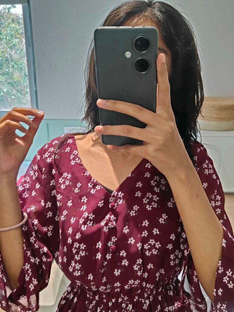 Maroon Fit &amp; Flare Midi Dress with Bell Sleeves