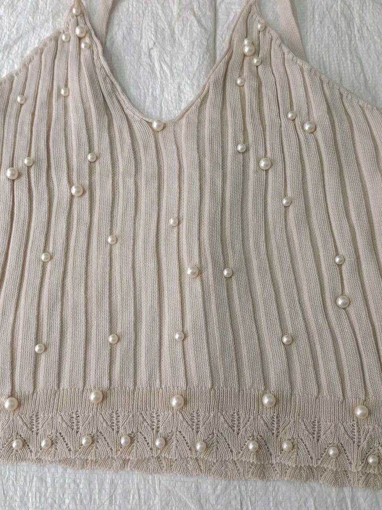 Pearl Embellished Knit Halter Top