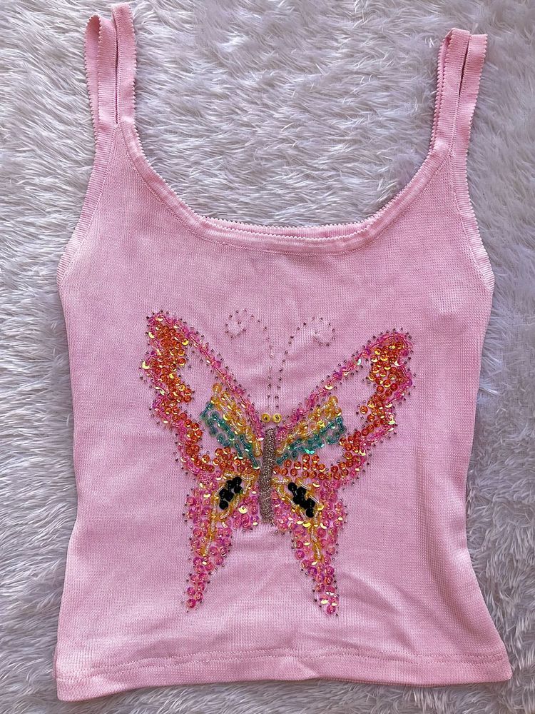 Pink butterfly Embroidered Tank Top