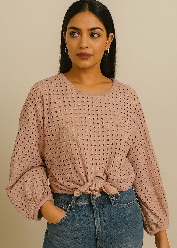 Pink Eyelet Tie-Front Top