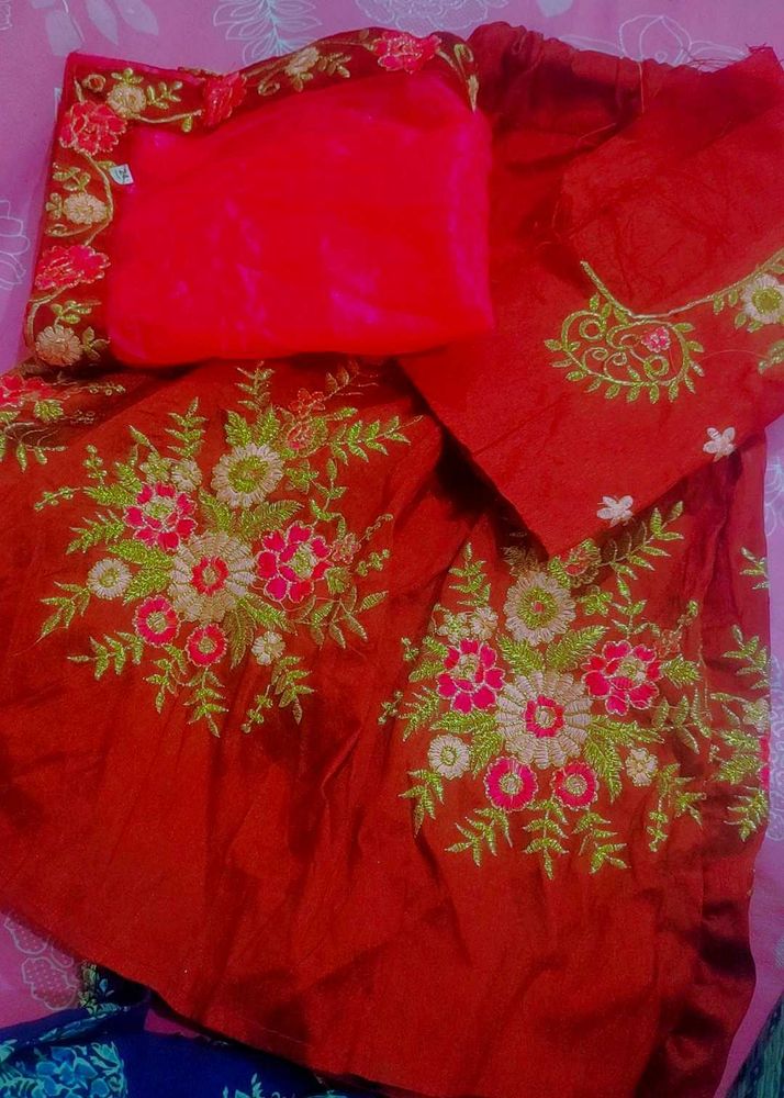 Red Embroidered Dress Material