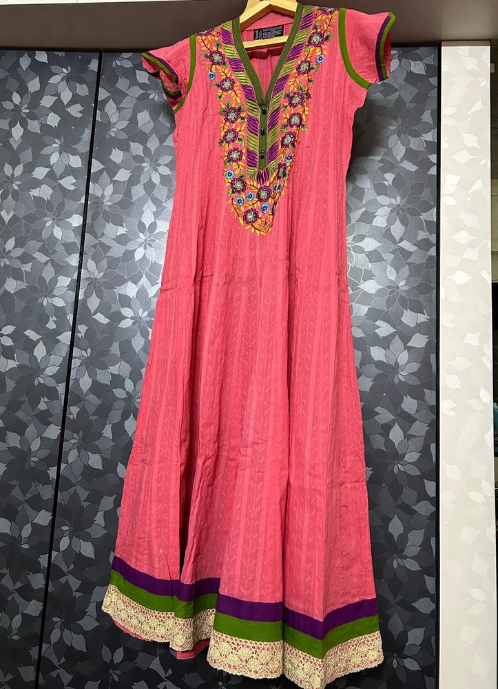 Party Wear Carrot Colour Cotton Anarkali With Embroidery &amp; Lace And Green Dupatta