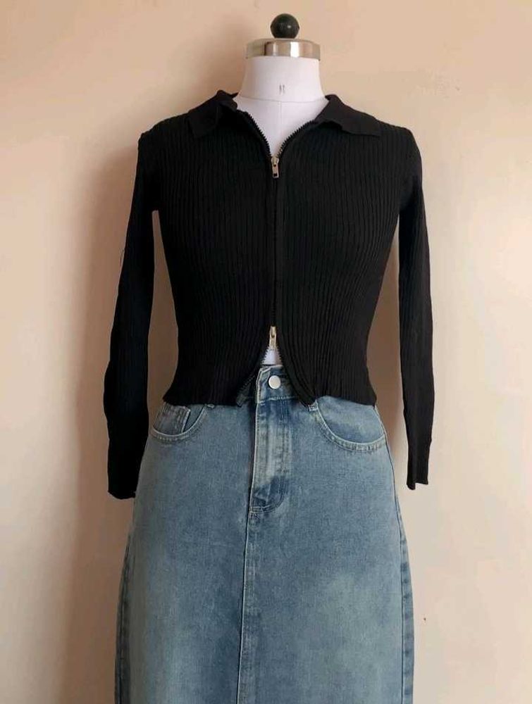 Zip-Up Ribbed Cardigan