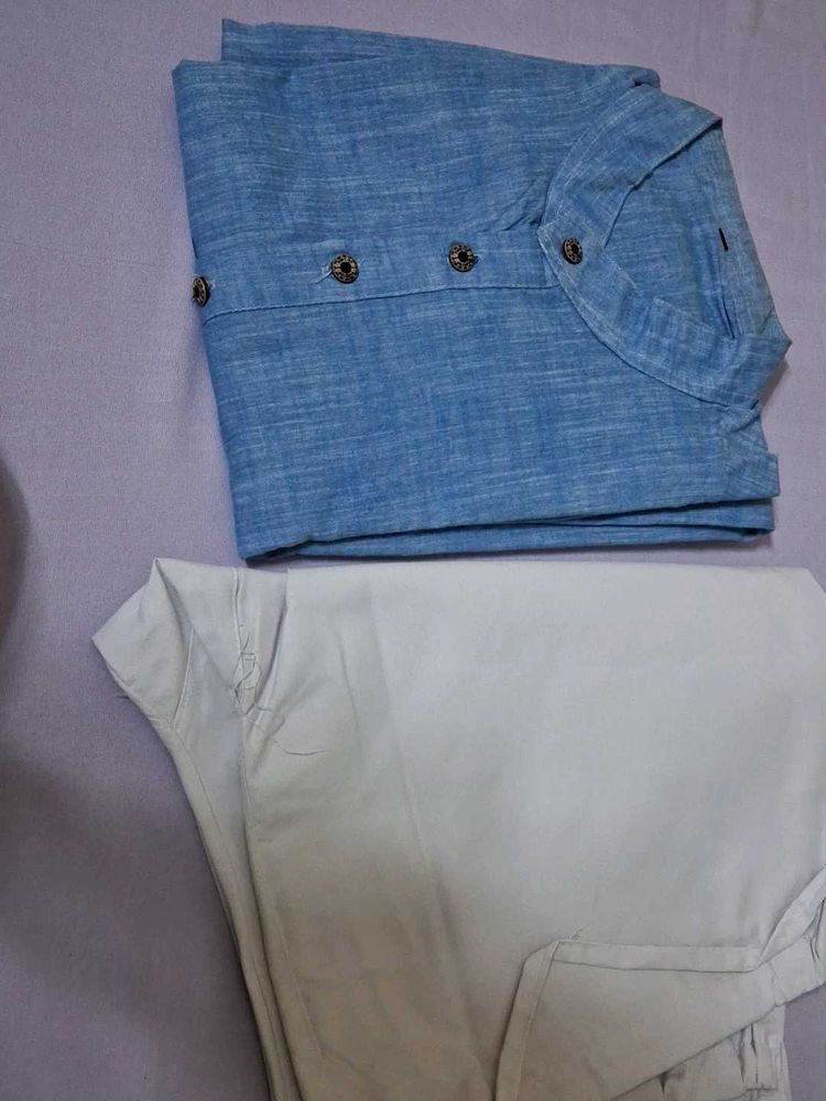 Men&#39;s Blue Linen Shirt &amp; Khaki Pants Set