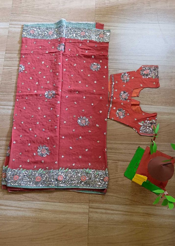 Heavy Elegant Coral Saree with Blouse